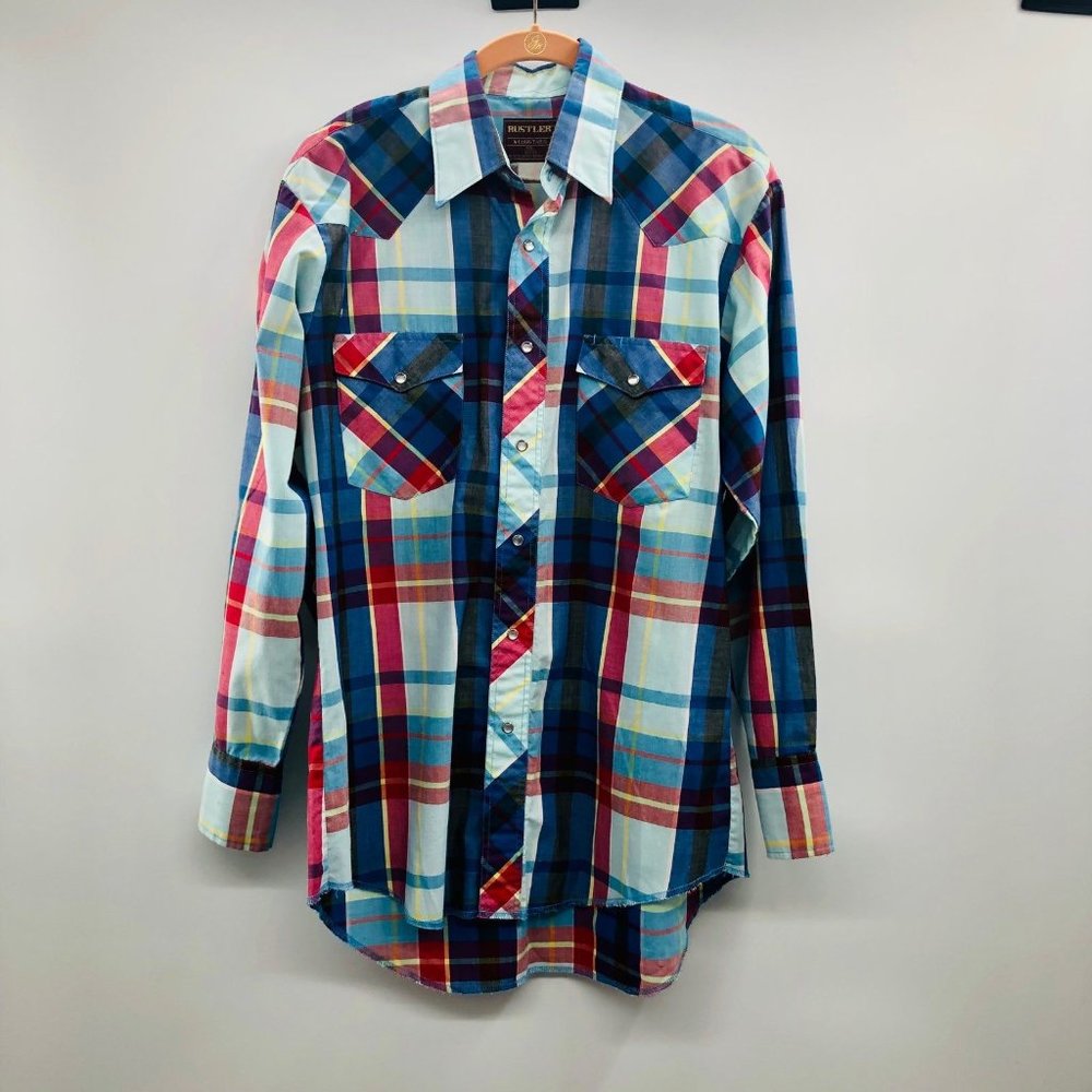 Vintage Rustler Plaid Shirt Mens 15 1/2 32/33 Used X-Long Tails Pear Snaps